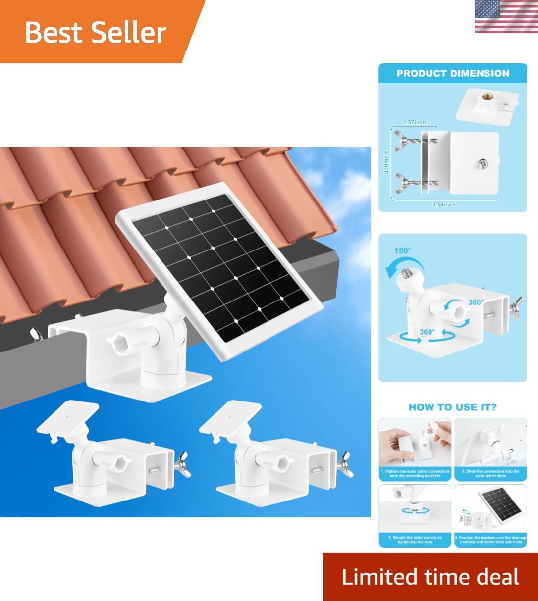 2 Pack Gutter Mount for Ring Solar Panel, 360°Adjustable Universal Weatherproof