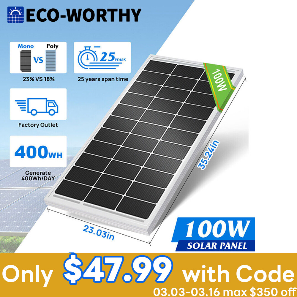 ECO-WORTHY 100W Watt 12V Monocrystalline Solar Panel 12BB Cell For Home RV