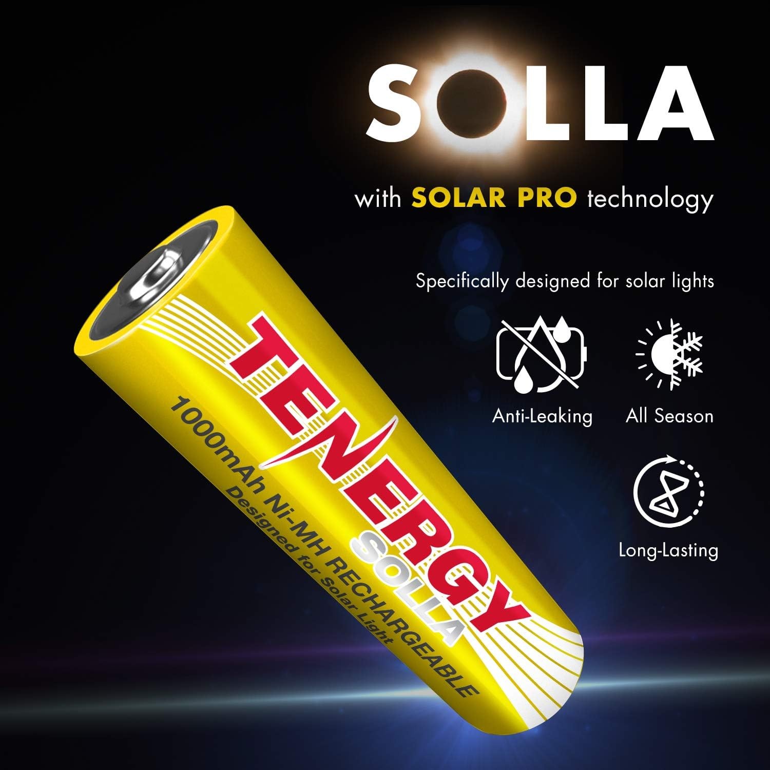 Tenergy Solla Rechargeable NiMH AA Battery, 1000mAh Solar Batteries for Solar Ga