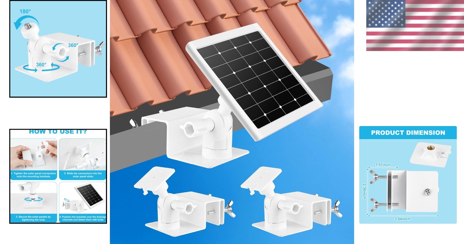 2 Pack Gutter Mount for Ring Solar Panel, 360°Adjustable Universal Weatherproof