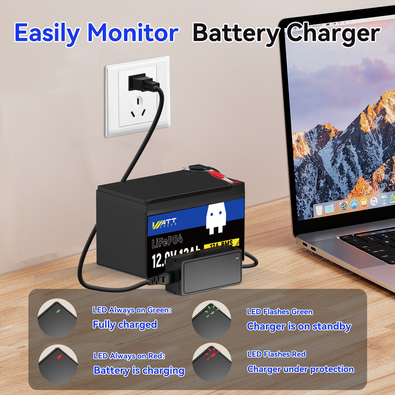 WattCycle 14.6V 5A Smart Charger for 12V LiFePO4 Lithium Iron Phosphate Battery