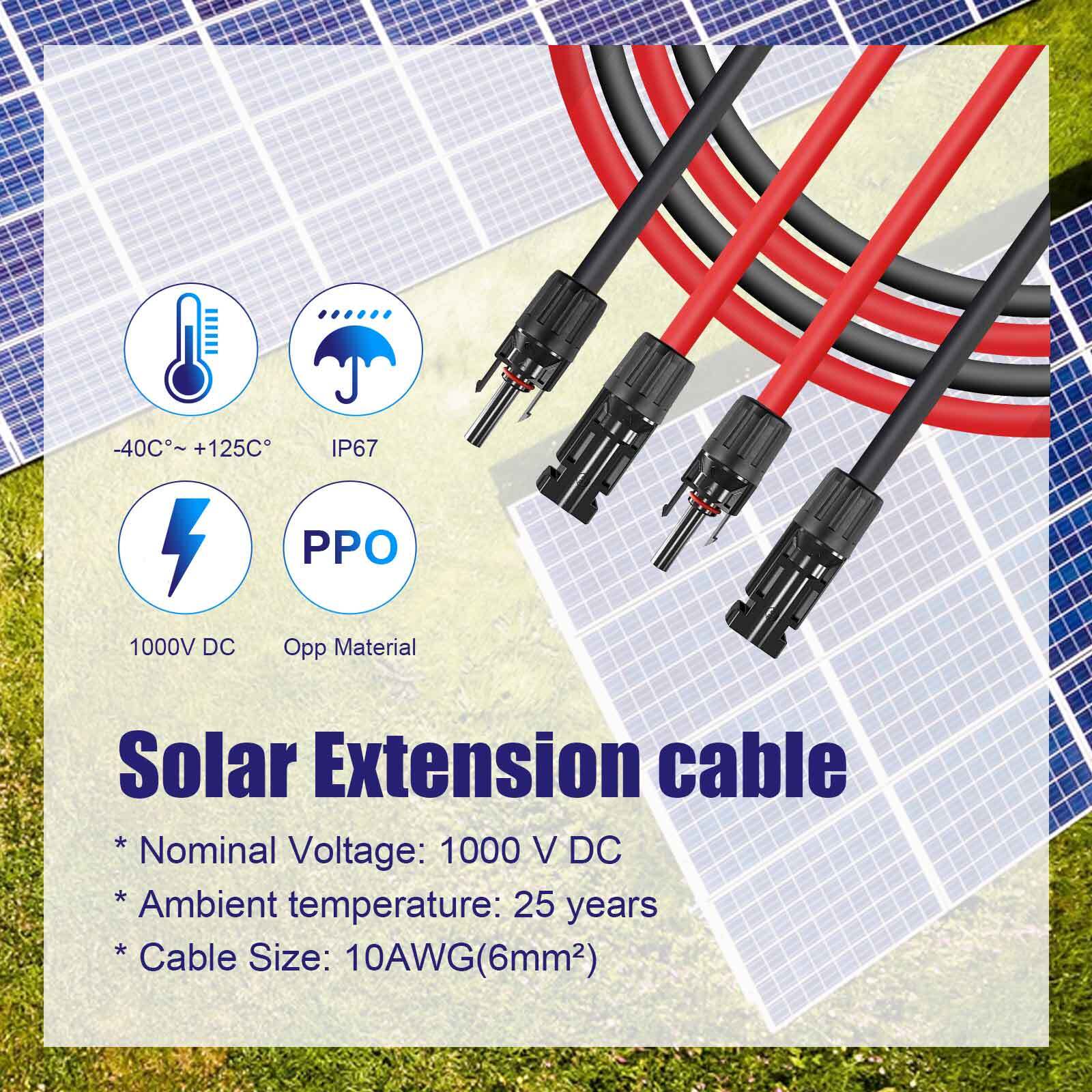 10AWG Solar Panel Male and Female Connectors Extension Cables-1 Pair (Red&Black)