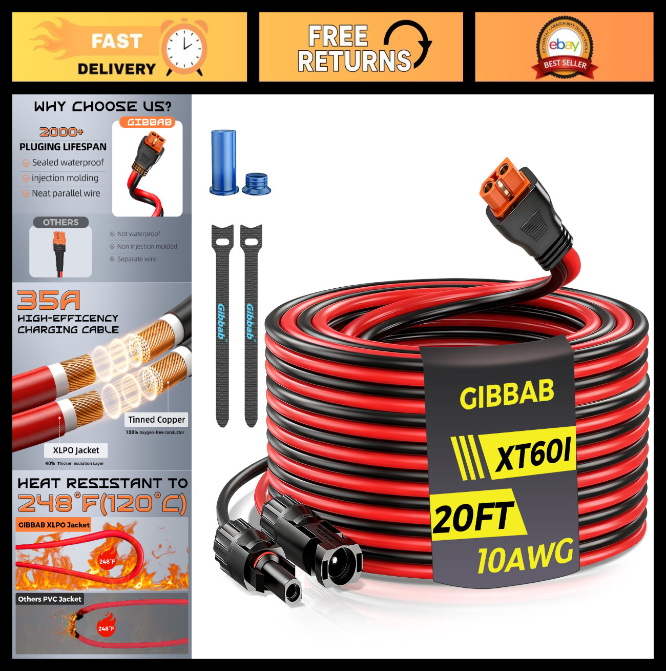 20FT 10AWG Solar Panel Connector XT60i-F Adapter Extension Charging Cable for Ec