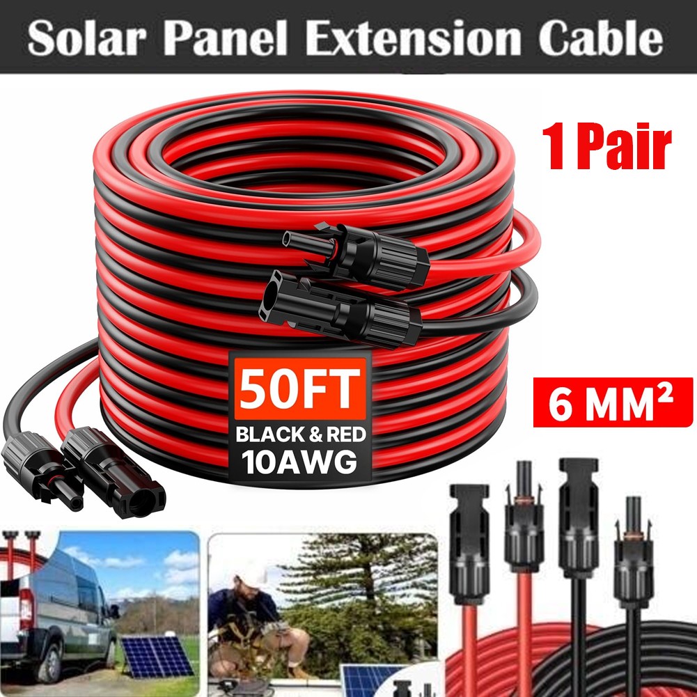 50ft Black+50ft Red 10 AWG Solar Panel Extension Cable Flexible Wire Connectors