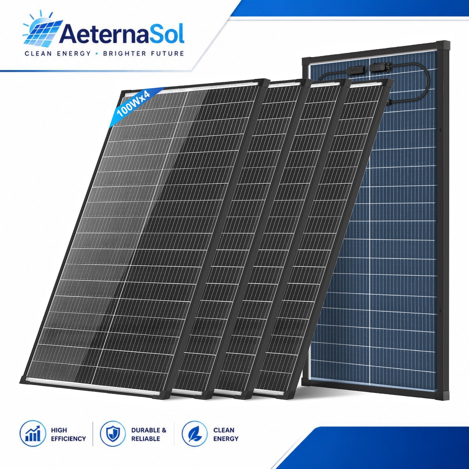 AeternaSol 4Pack 100W (400W) Solar Panel N-Type 18V Bifacial Mono Cell Off Grid
