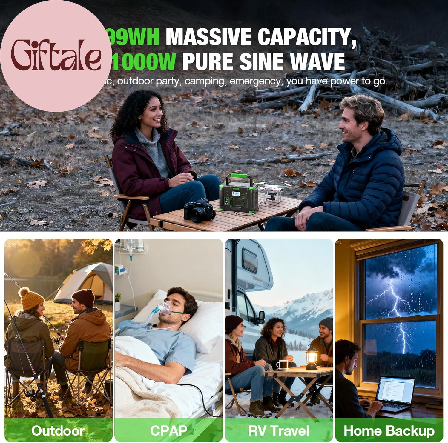 999Wh Solar Generator 1000W (Peak 2000W), Portable Power Station with Pure Sine