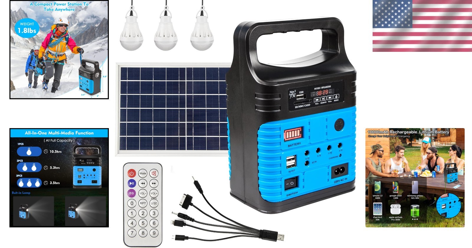 Quiet Blue Portable Solar Generator with LED Flashlight – Ideal for Camping