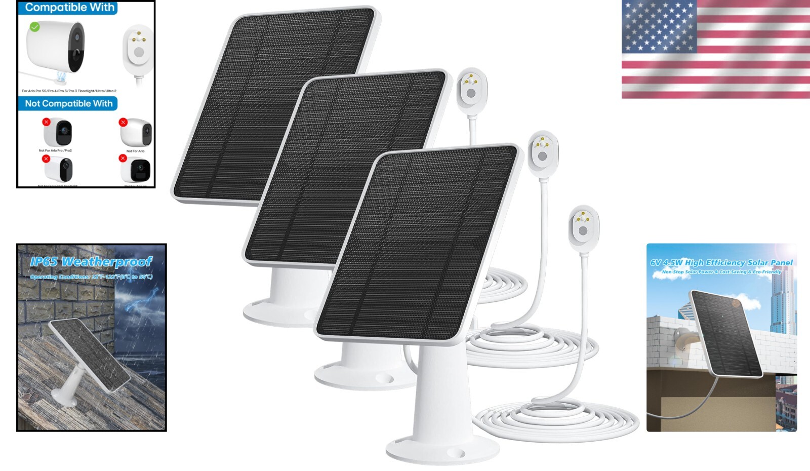 Durable Solar Charger for Arlo Ultra/Pro Series – 3-Pack with Magnetic Connector