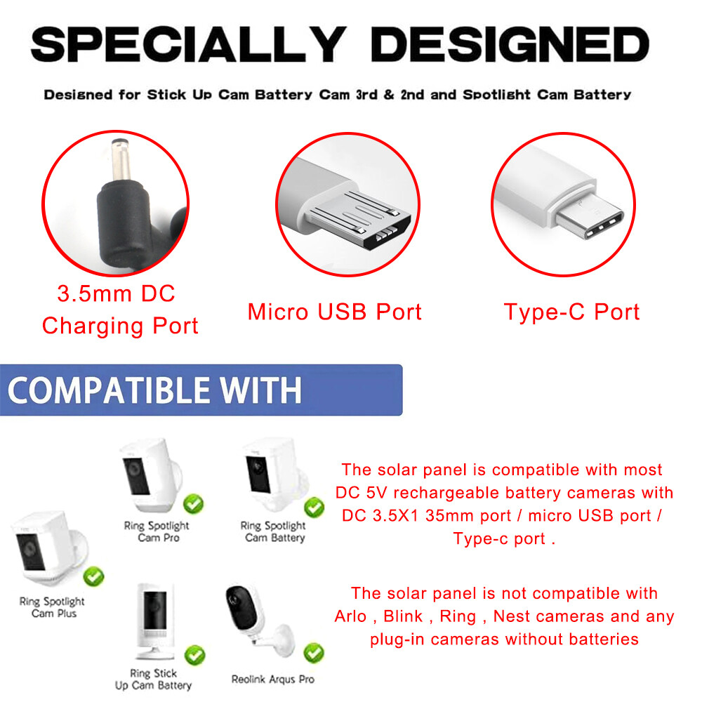 Ring Camera Solar Charging Panel Suitable for Outdoor Camera Battery Chargers
