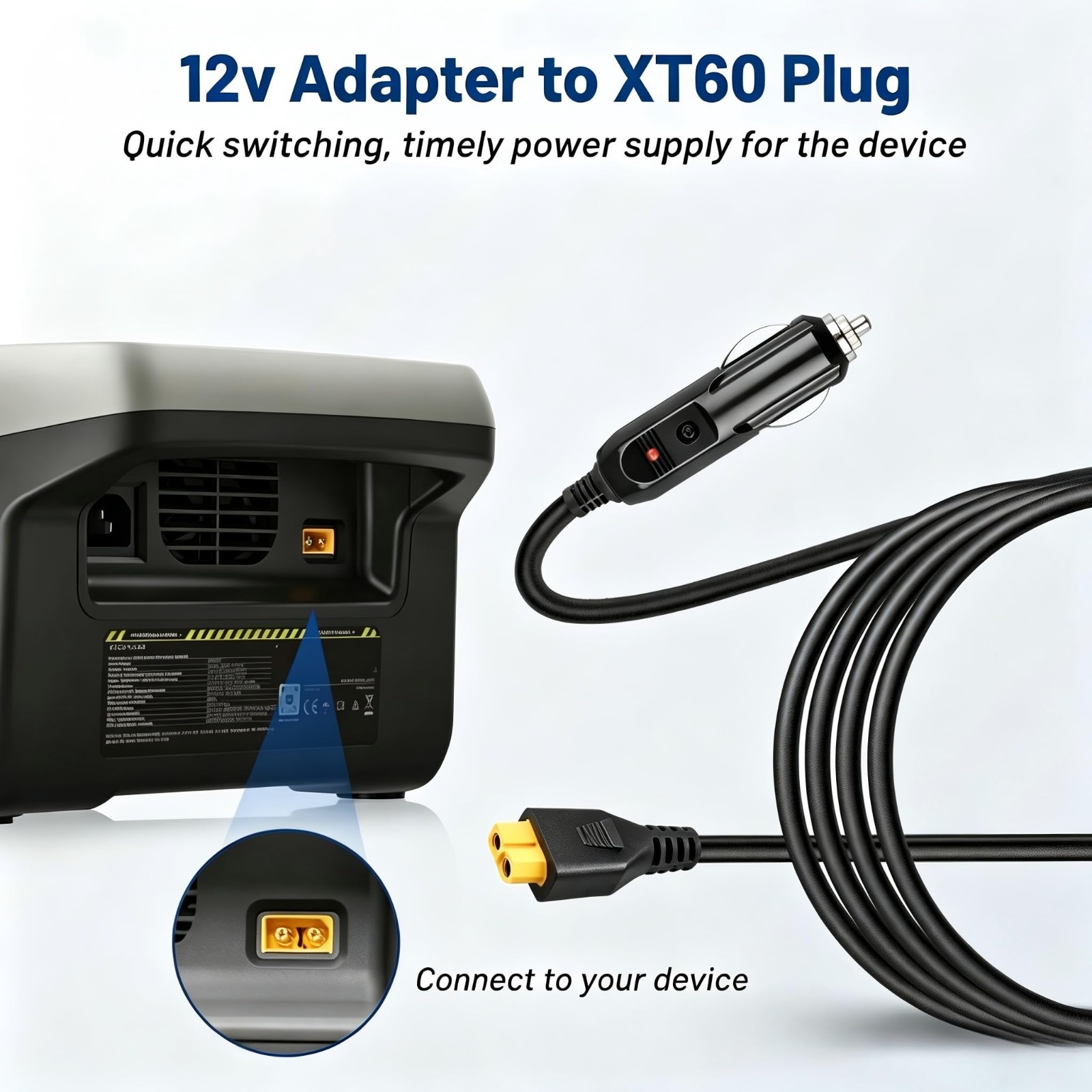 12V XT60 Car Cable for Bluetti EB55 & Anker 757/767, EcoFlow Delta/River Adapter