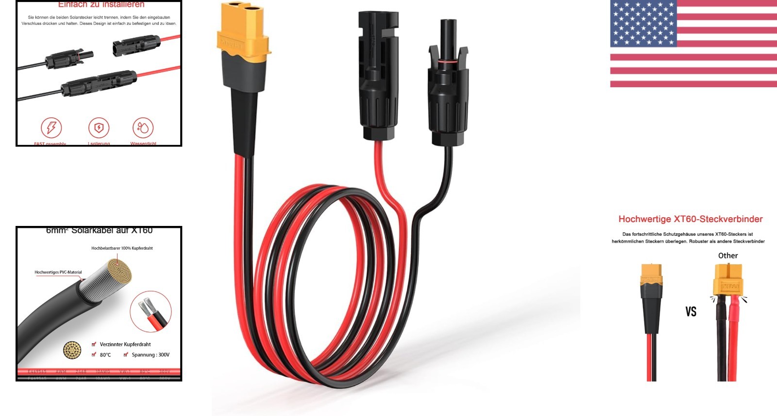 10AWG 2FT XT60 Solar Cable Male-to-Female Waterproof Connector for Power