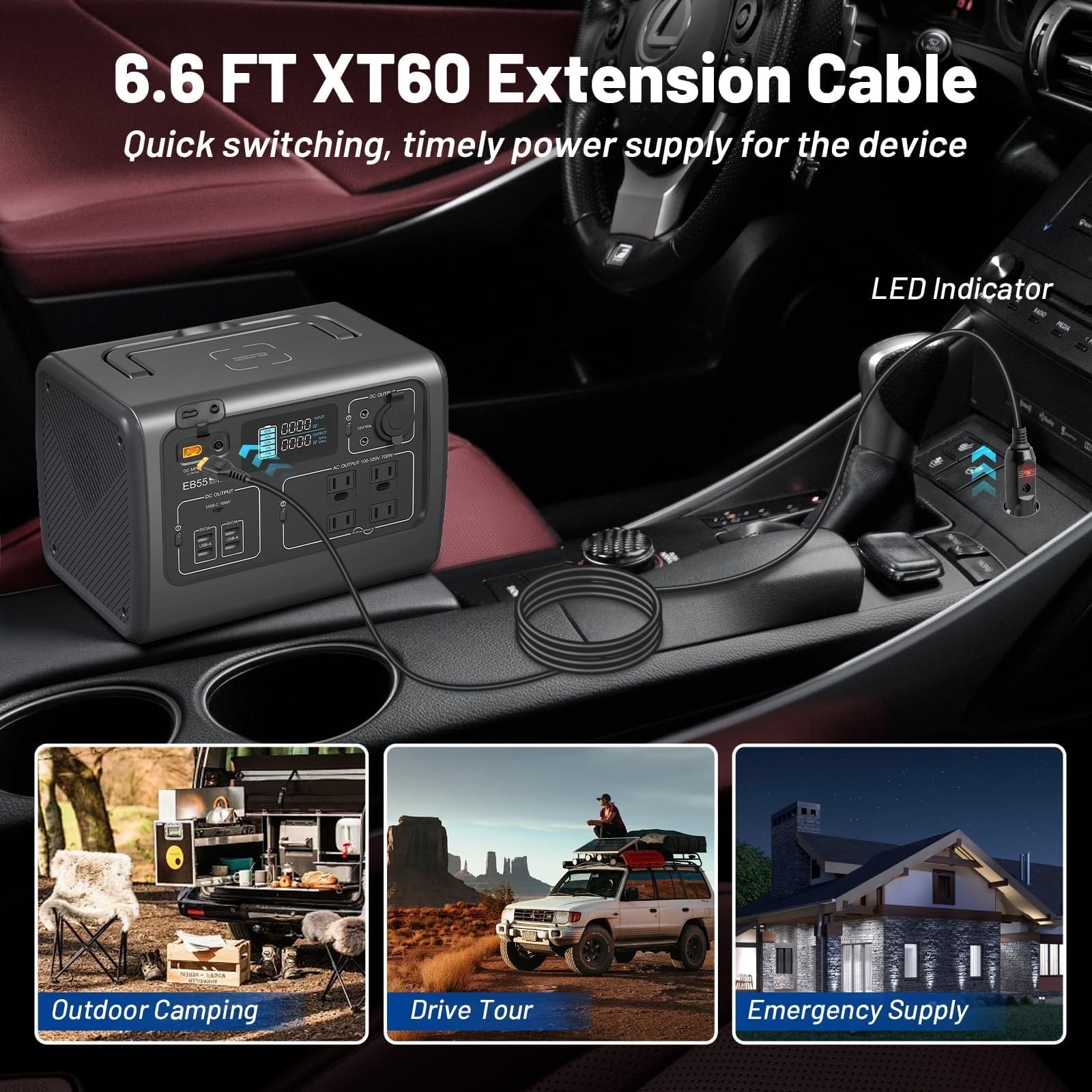 12V XT60 Car Cable for Bluetti EB55 & Anker 757/767, EcoFlow Delta/River Adapter