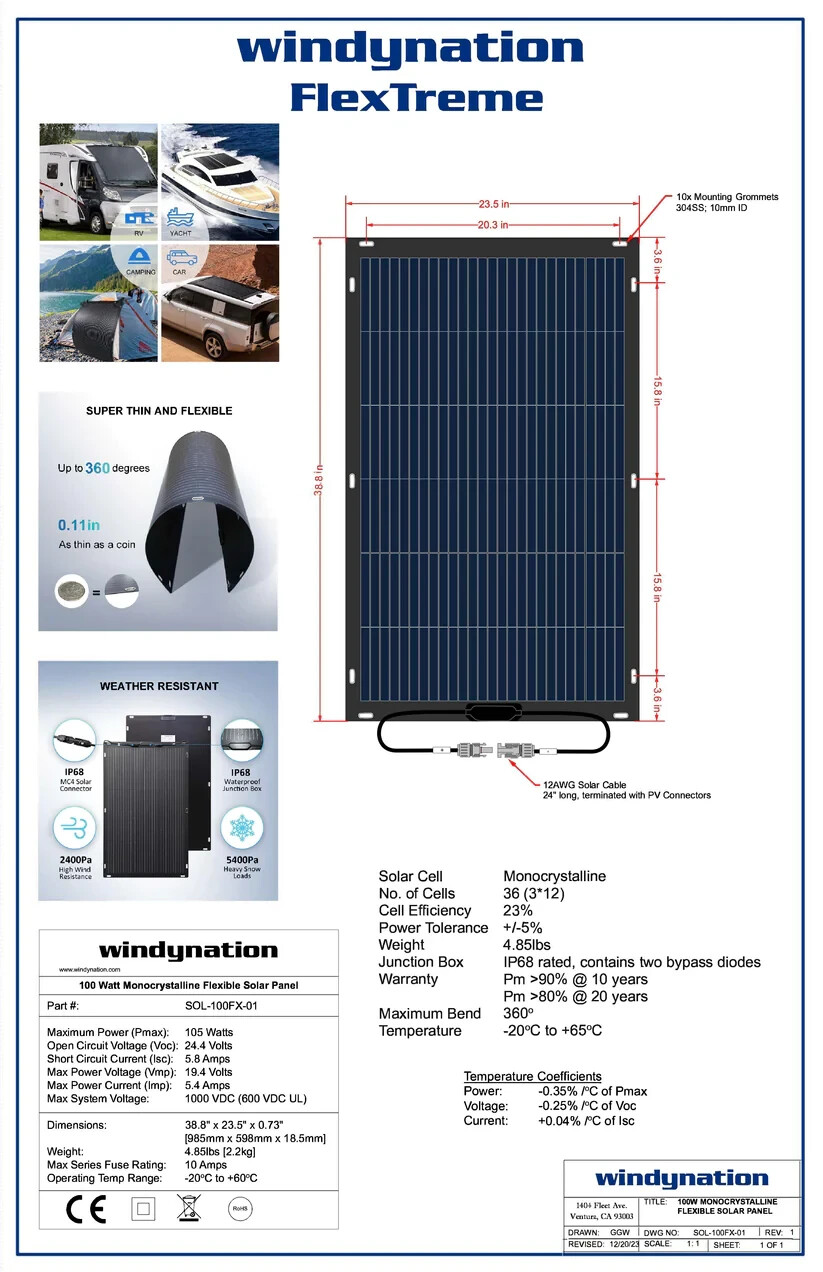 WindyNation 100 Watt 12V Flextreme Thin Lightweight Monocrystalline Solar Panel
