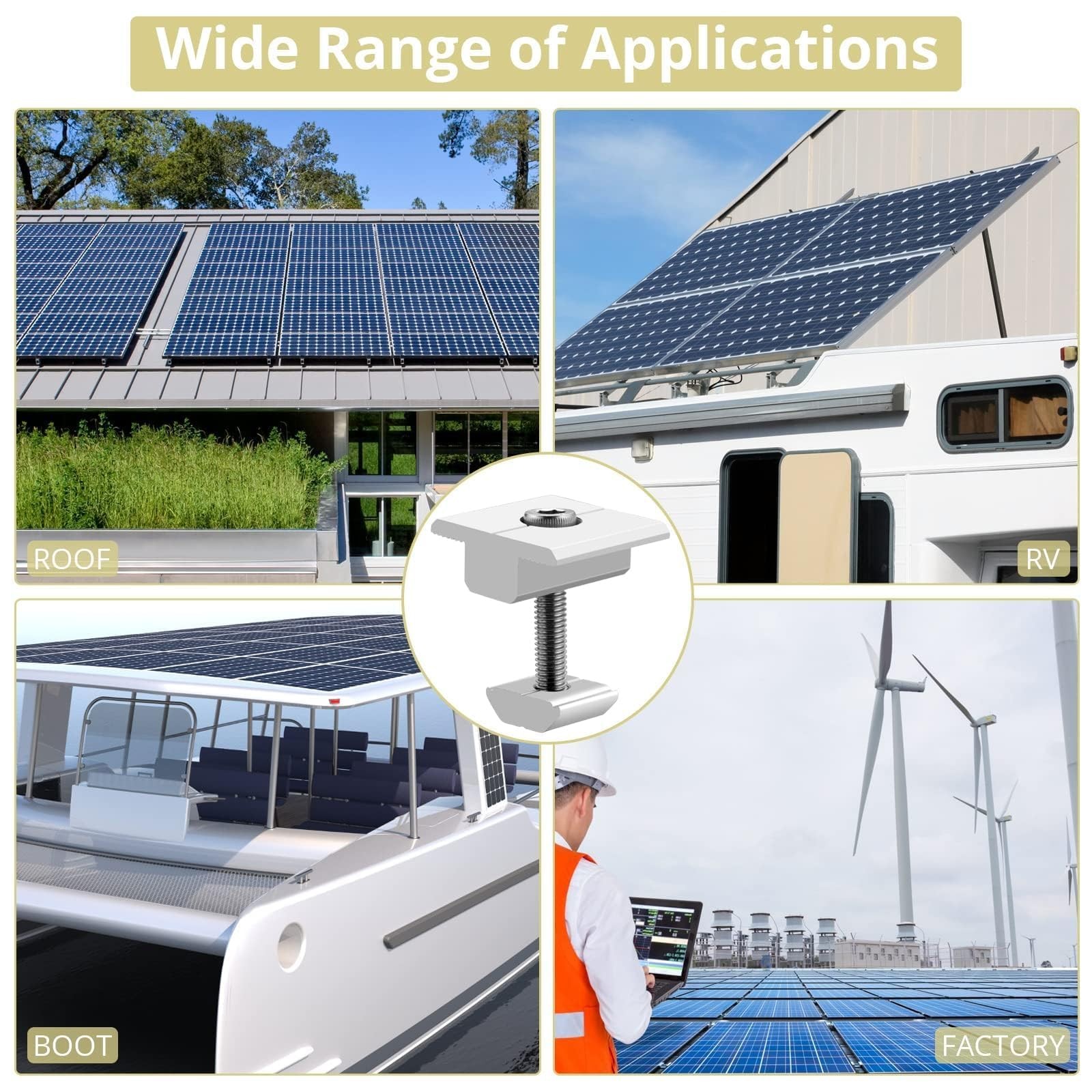 10pcs Solar Panels Centre Aluminium T-Shaped Mid Clamps 10 Screws M8 Panel