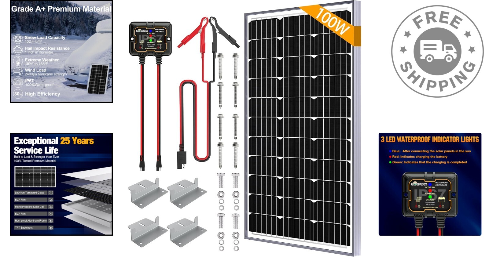 High-Efficiency 100W Monocrystalline Solar Panel with 10A MPPT Charge Controller