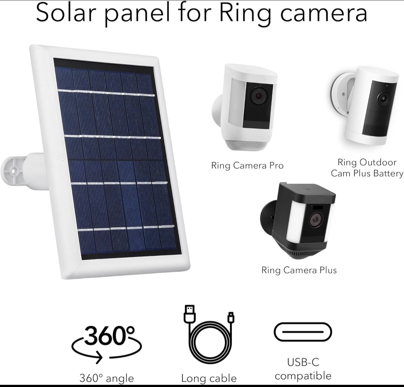 Wasserstein Ring Camera Solar Panel USB-C Waterproof w/ 360° Rotatable Mount