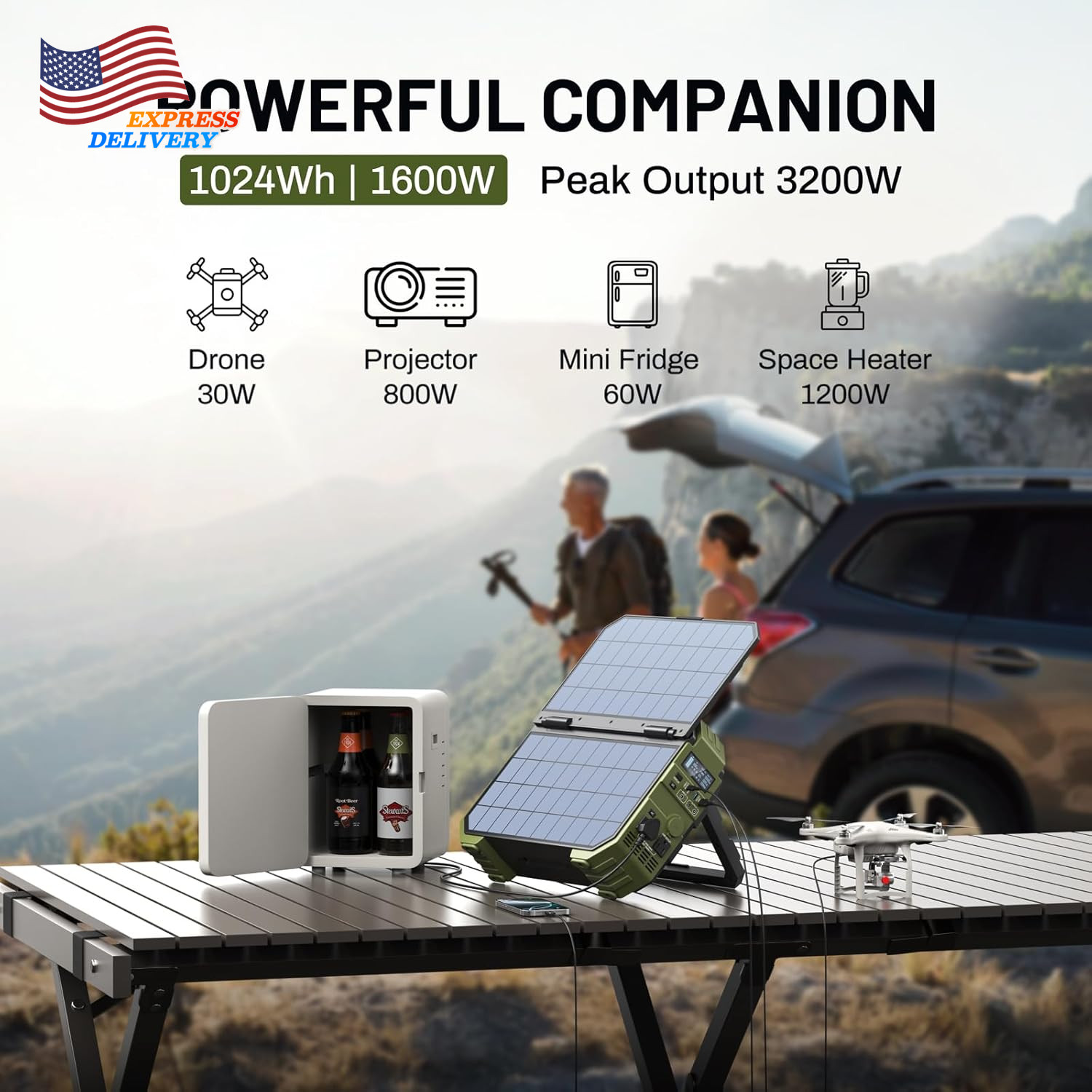 1600W Portable Power Station 1024Wh Lifepo4 Battery Built-In Solar Panel NEW USA