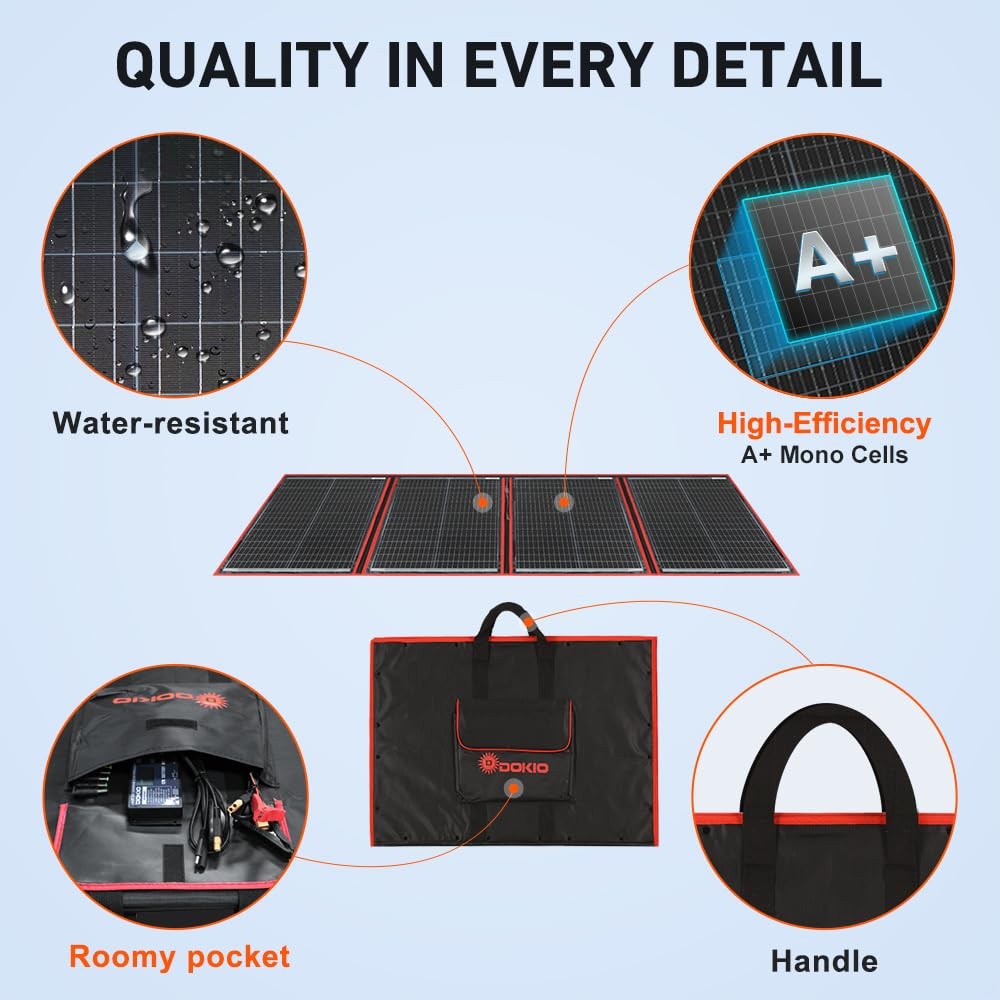 DOKIO 200W Portable Foldable Solar Panel Kit (20x27in, 20x27in, Black