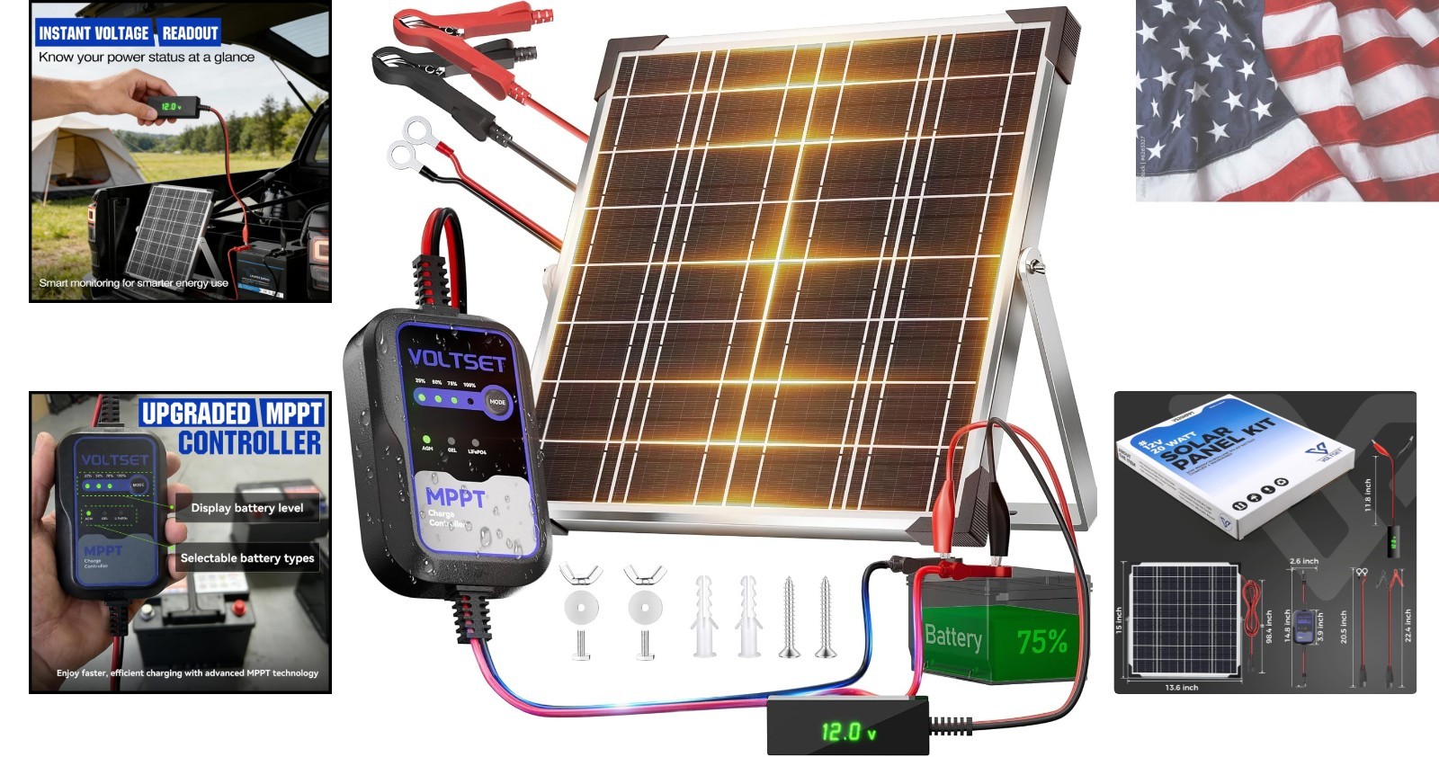 12V Solar Battery Charger with LCD Voltage Tester – 20W Solar Trickle Charger…