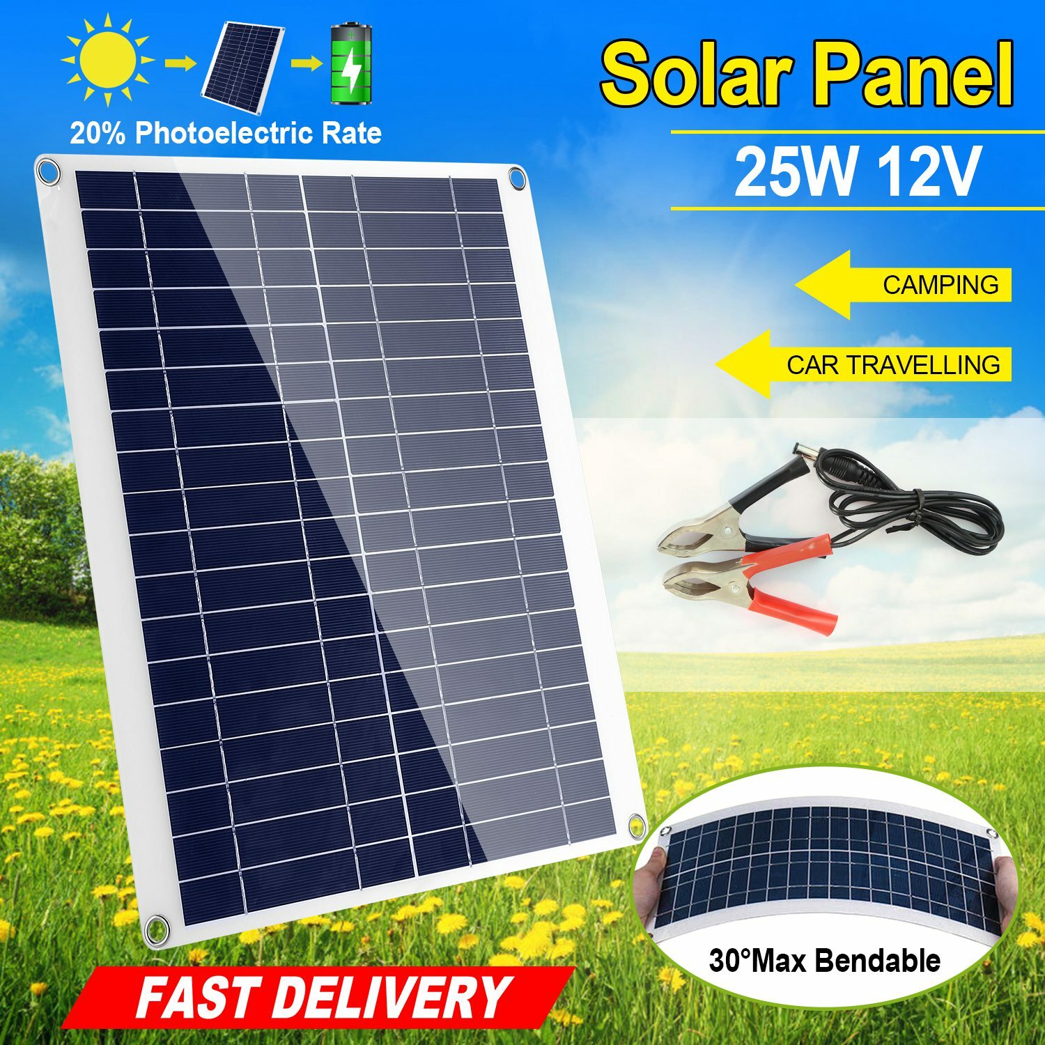 25W Solar Panel Kit 12V Battery Charger w/ Controller Waterproof for RV Car Boat