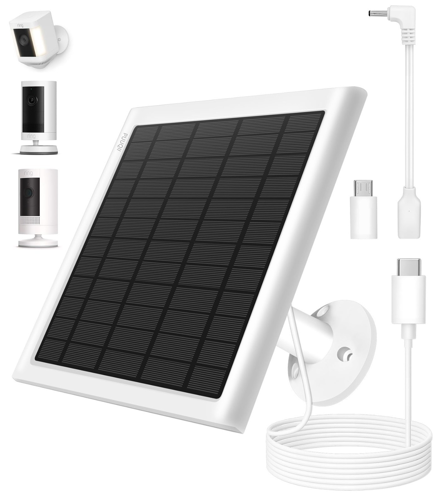8W Solar Panel Charger for Ring Cameras, IP65 Waterproof, 10ft Cable, USB-C Adap