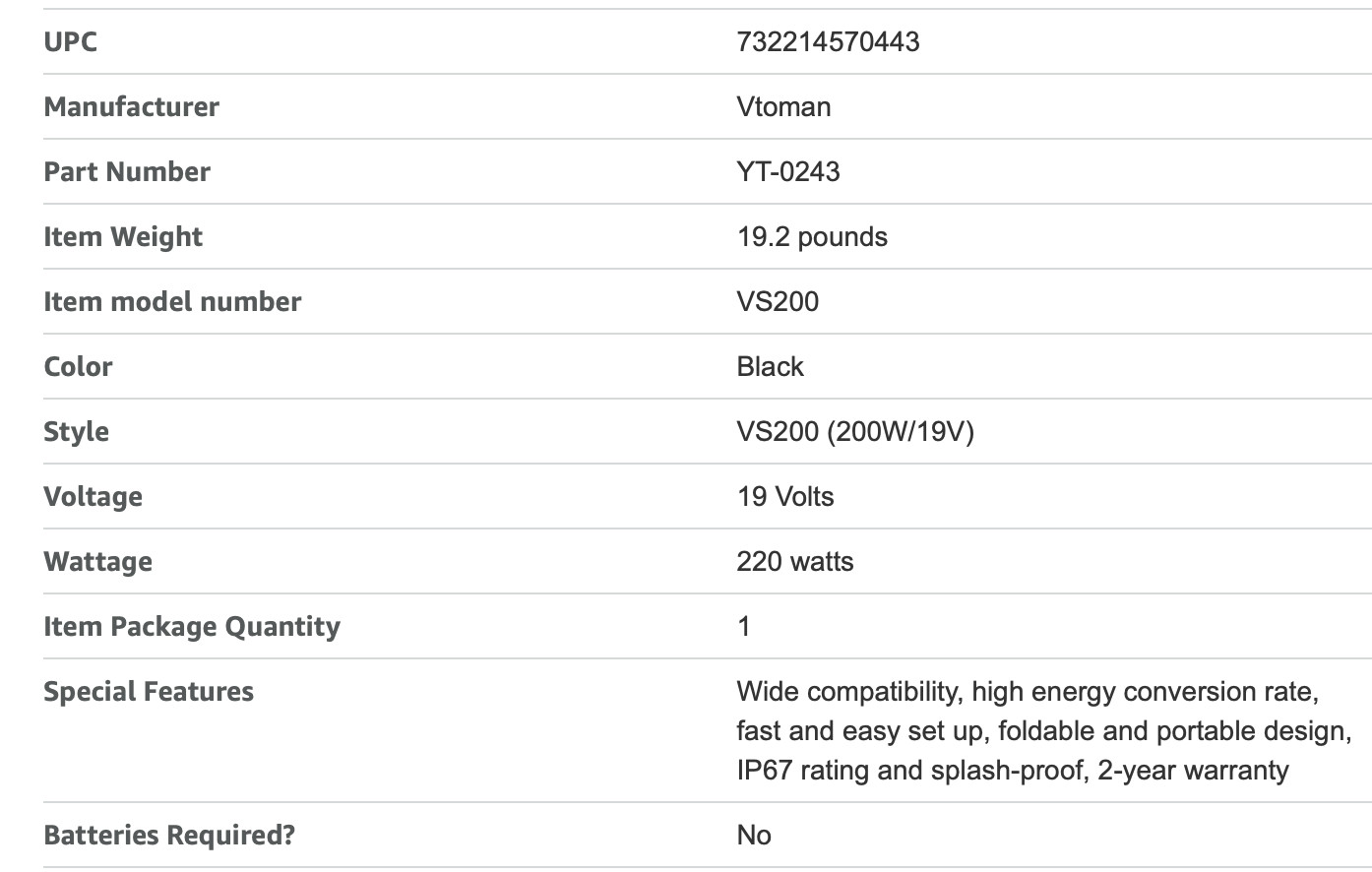 VTOMAN VS200 Portable Solar Panel for Power Station, 200W/19V/Foldable/IP67