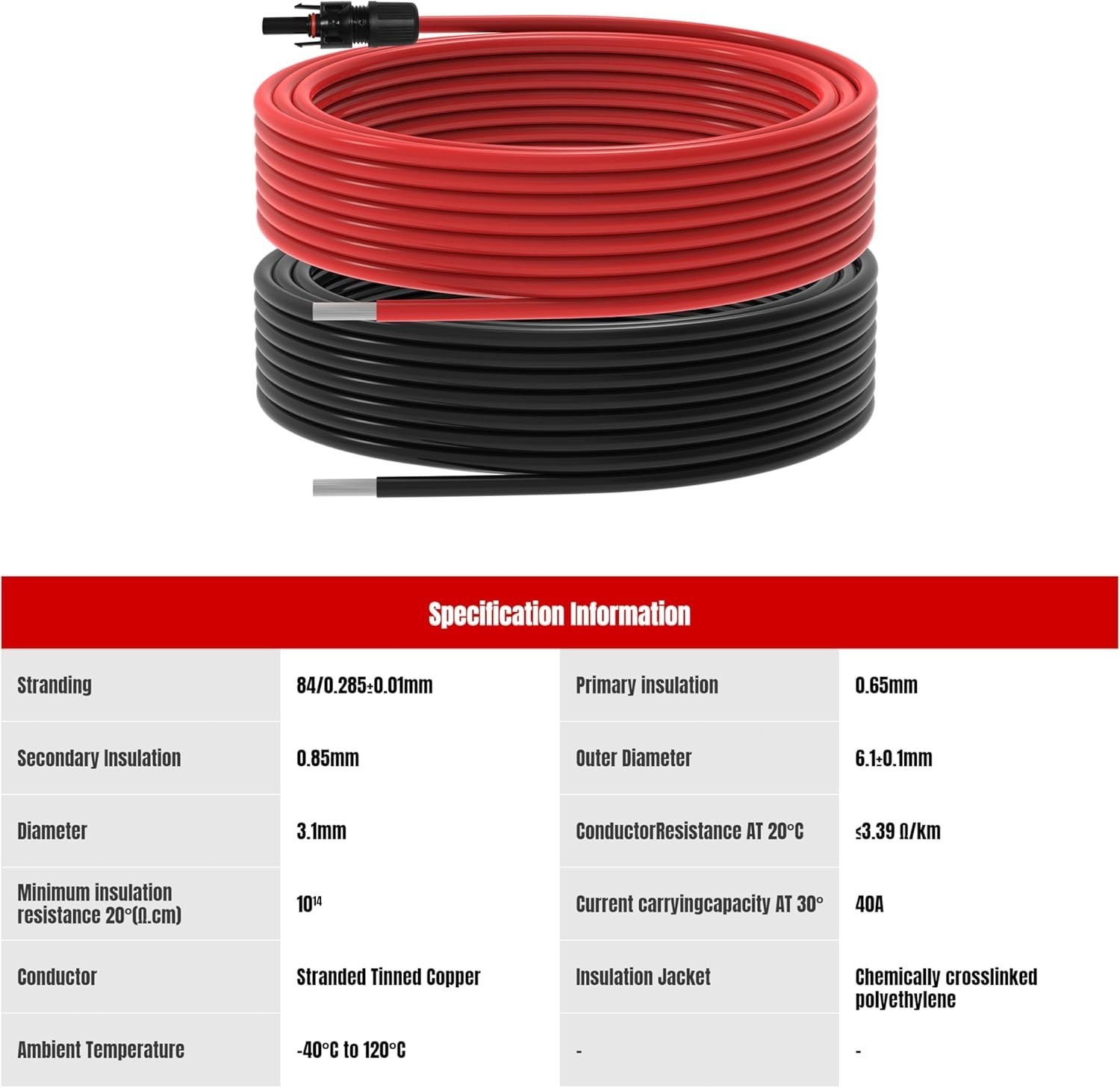 40Feet 10AWG Solar Panel Extension Cable for Solar Panels RV Marine Camper Ferry