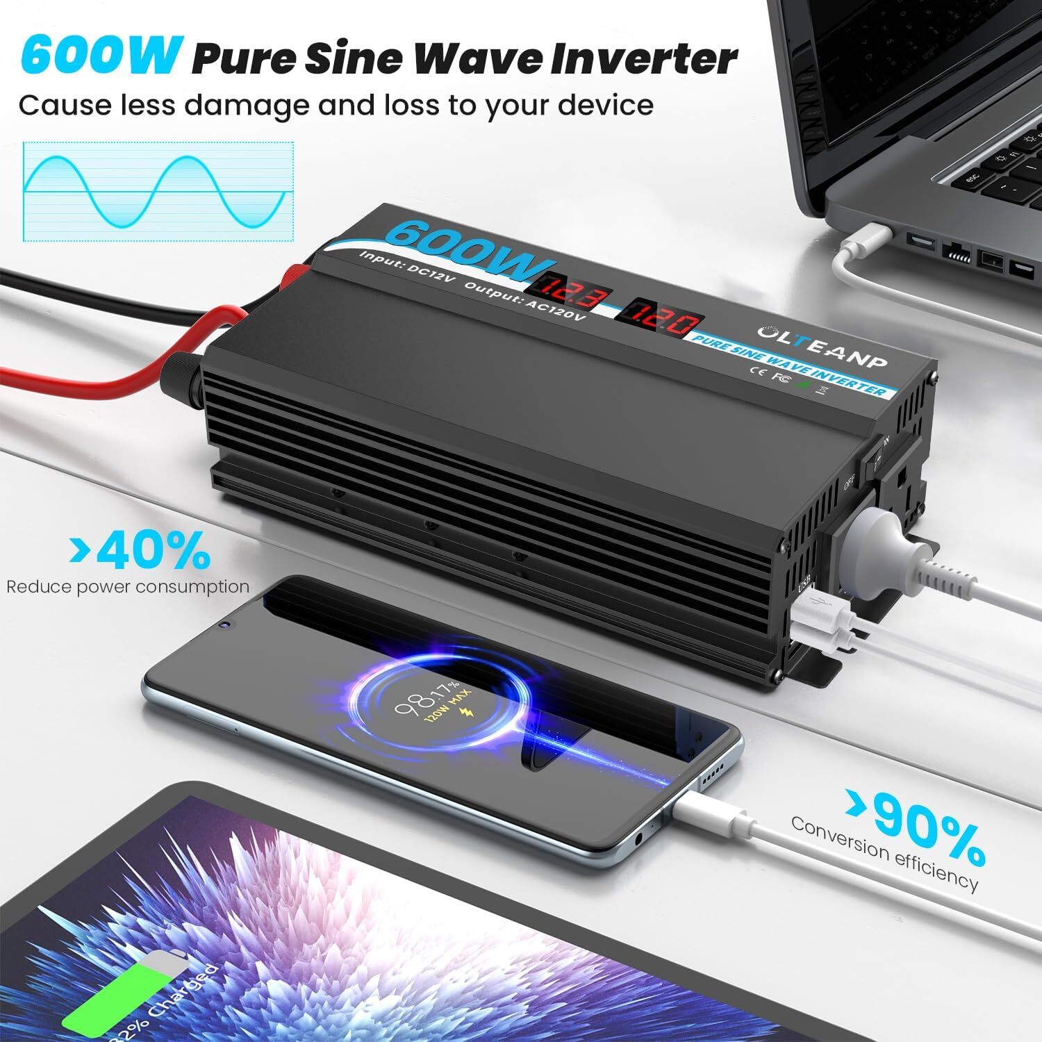 600W Power Inverter Pure Sine Wave Inverter 12V DC to 120V AC Converter for Car,