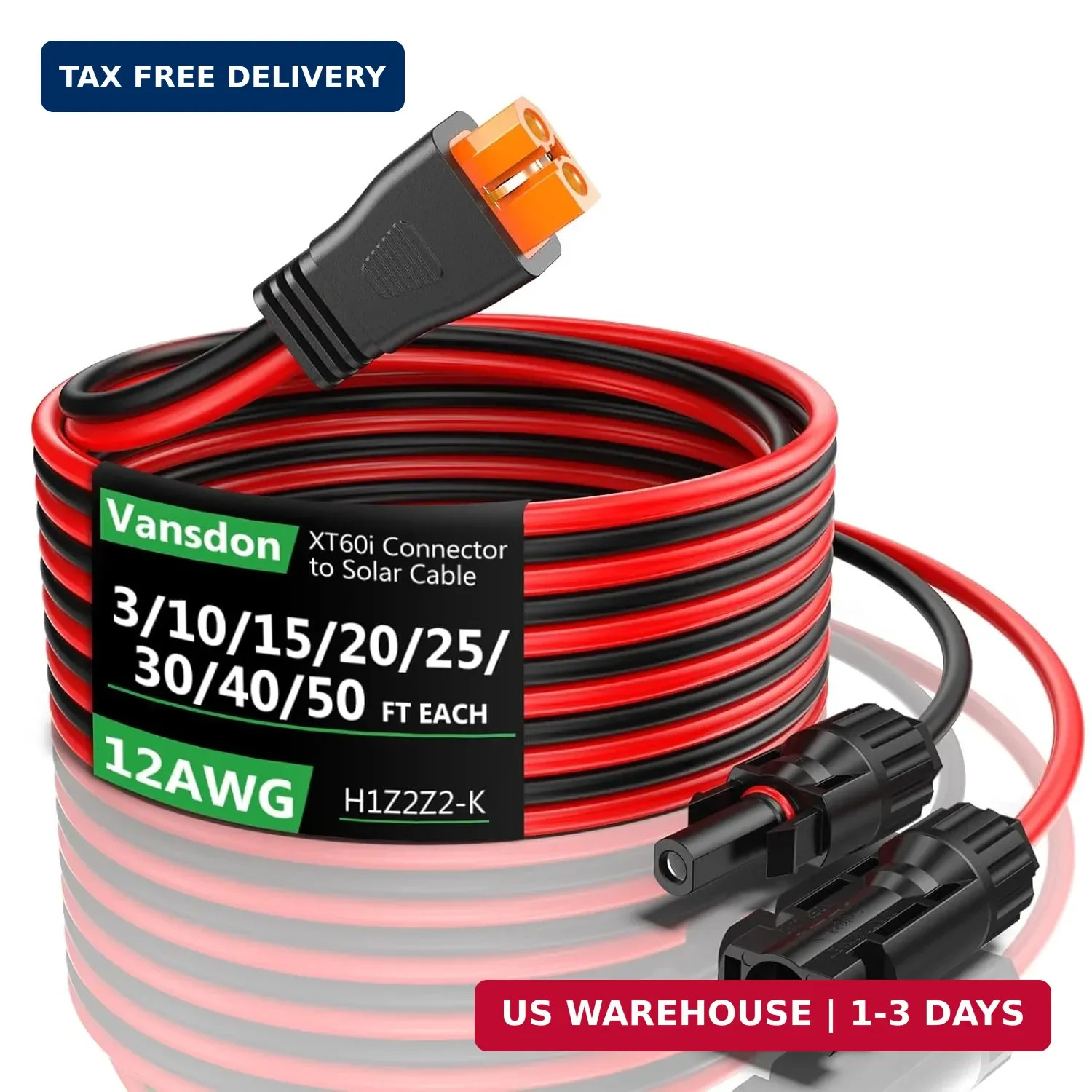Vansdon Solar to XT60i Extension Cable 12AWG 3FT XT60i Female to Male Connector