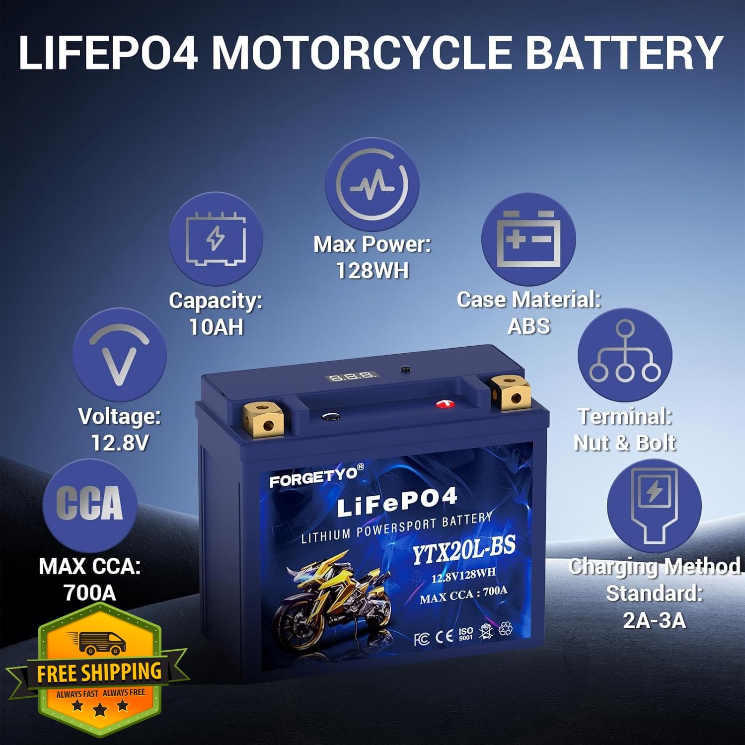 Forgetyo YTX20L-BS Motorcycle Battery Blue LiFePO4 700A ATV Jet Ski
