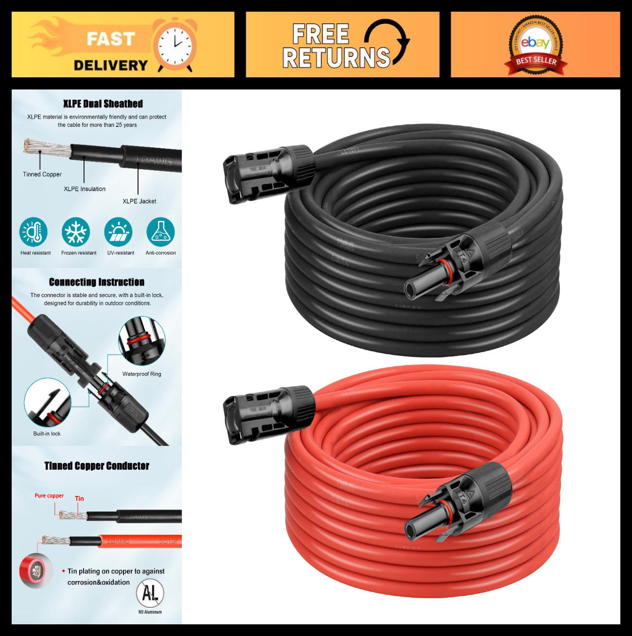 10 AWG Solar Extension Cable 50FT (25FT Black + 25FT Red) Tinned Copper Wire for