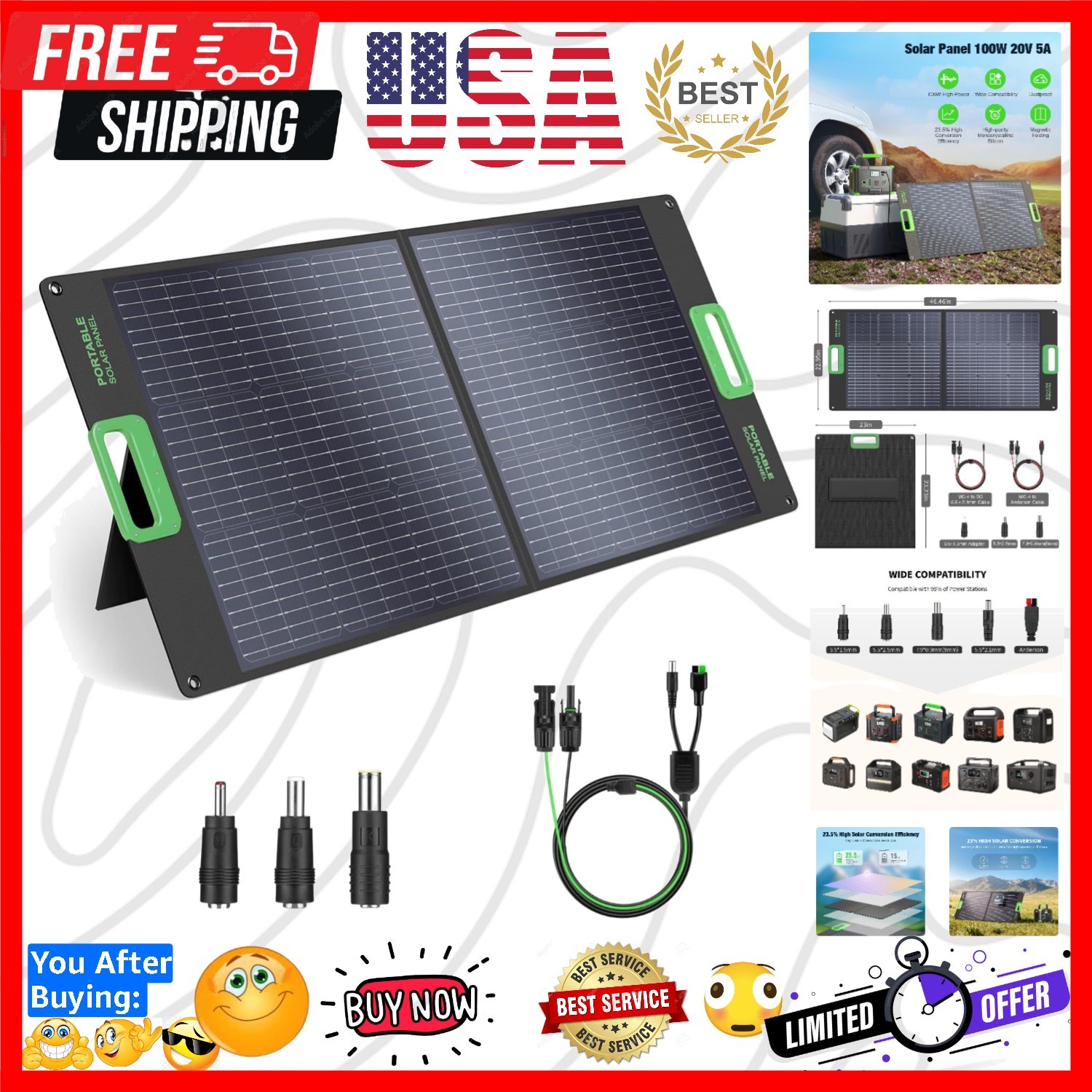 100W Portable Solar Panel for Power Station Generator, 20V Foldable Solar Cel…