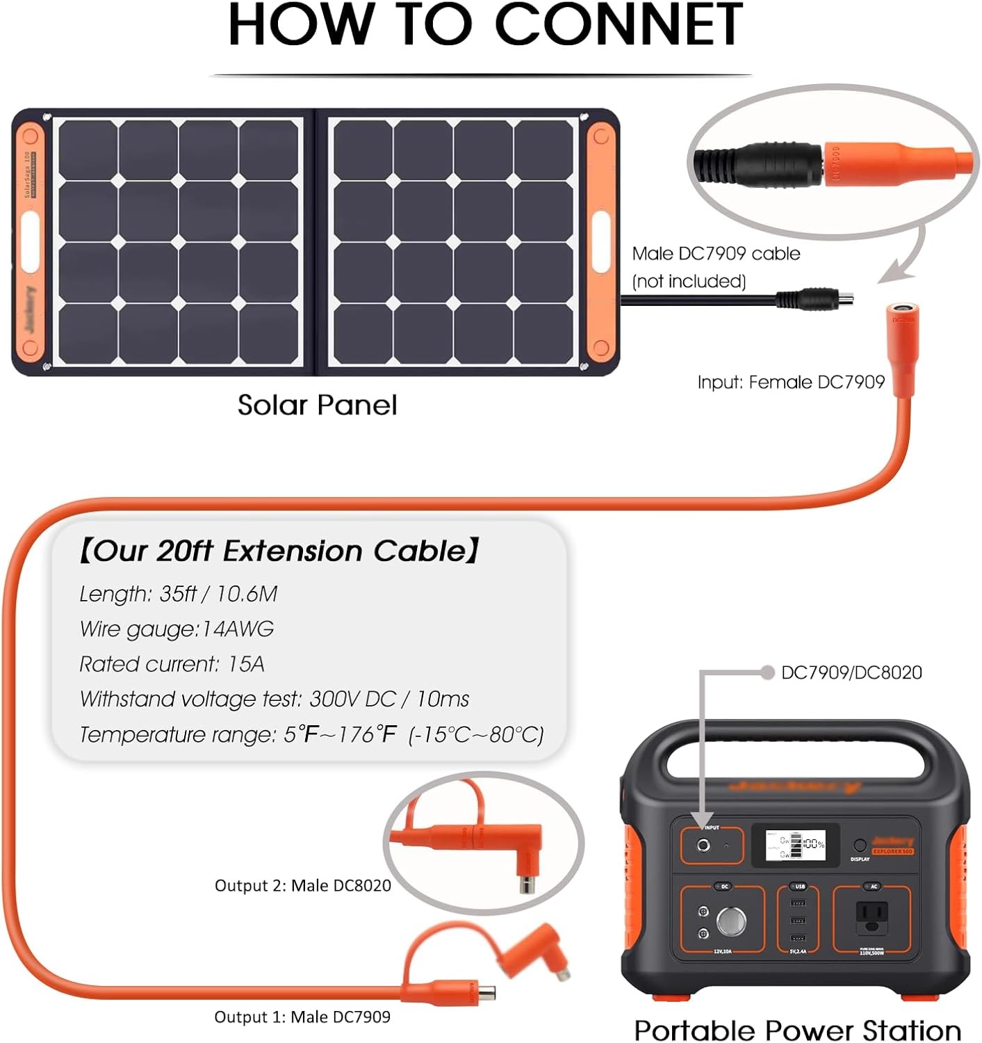Solar Panel Extension Cable Compatible with Jackery 35FT, Orange