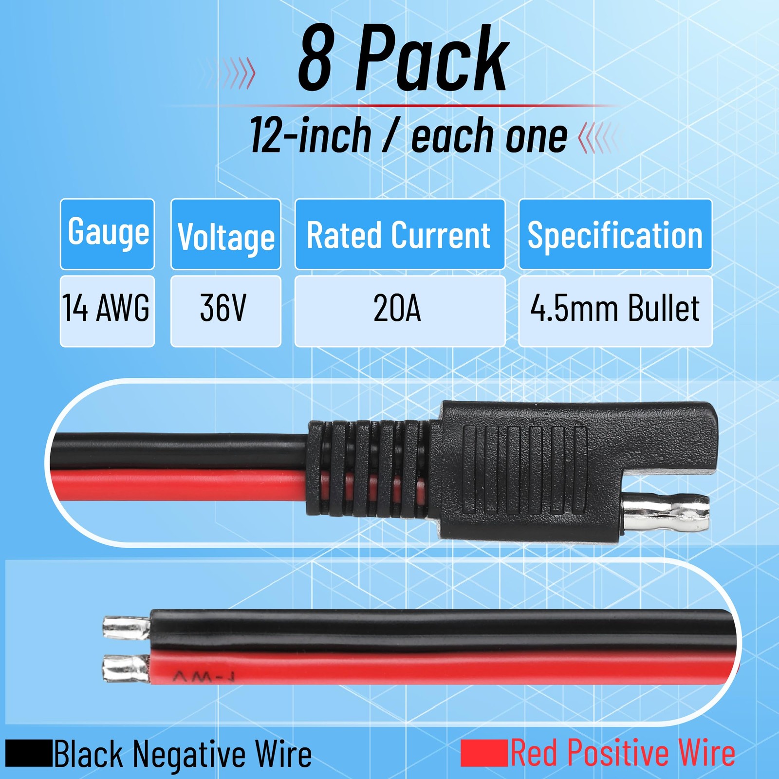 8 Pack 12 Inch SAE Connectors 14AWG 2 Pin Single Plug Connectors