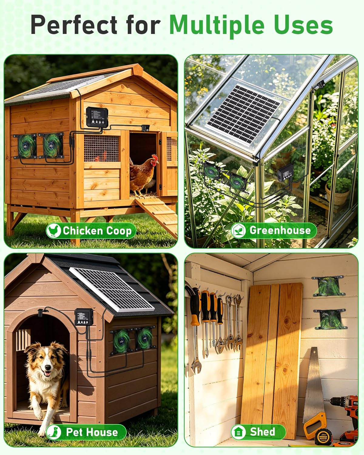 Solar Powered Chicken Coop Fan with 25W Panel & 3 Smart Modes, 2 Fans