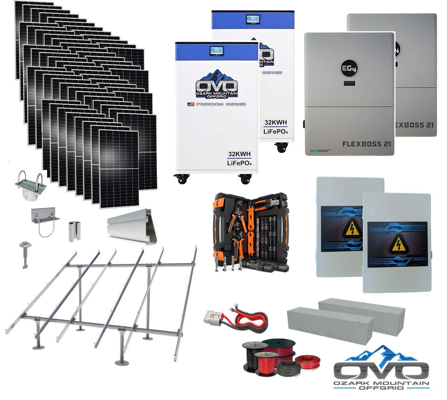 30KW Complete Offgrid Solar Kit + EG4 FlexBOSS21 + 2x 32KW OMO 48V Freedom Serie