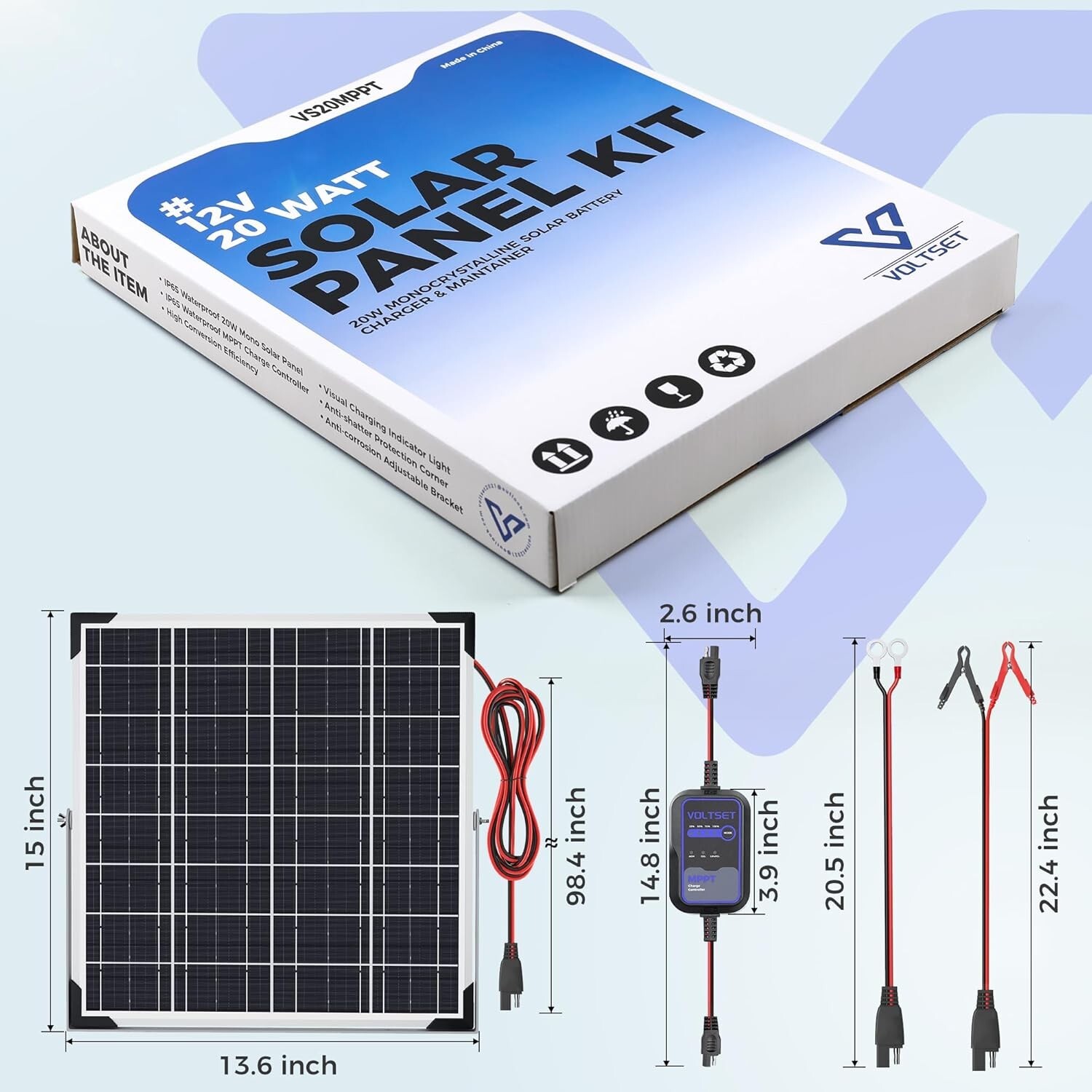 Versatile 20W Solar Panel with MPPT for Reliable Charging of RVs & Motorcycles