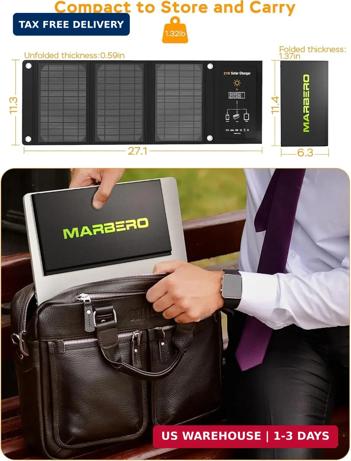 MARBERO 21W Portable Solar Panel Foldable Solar Panel Charger IP65 Waterproof So