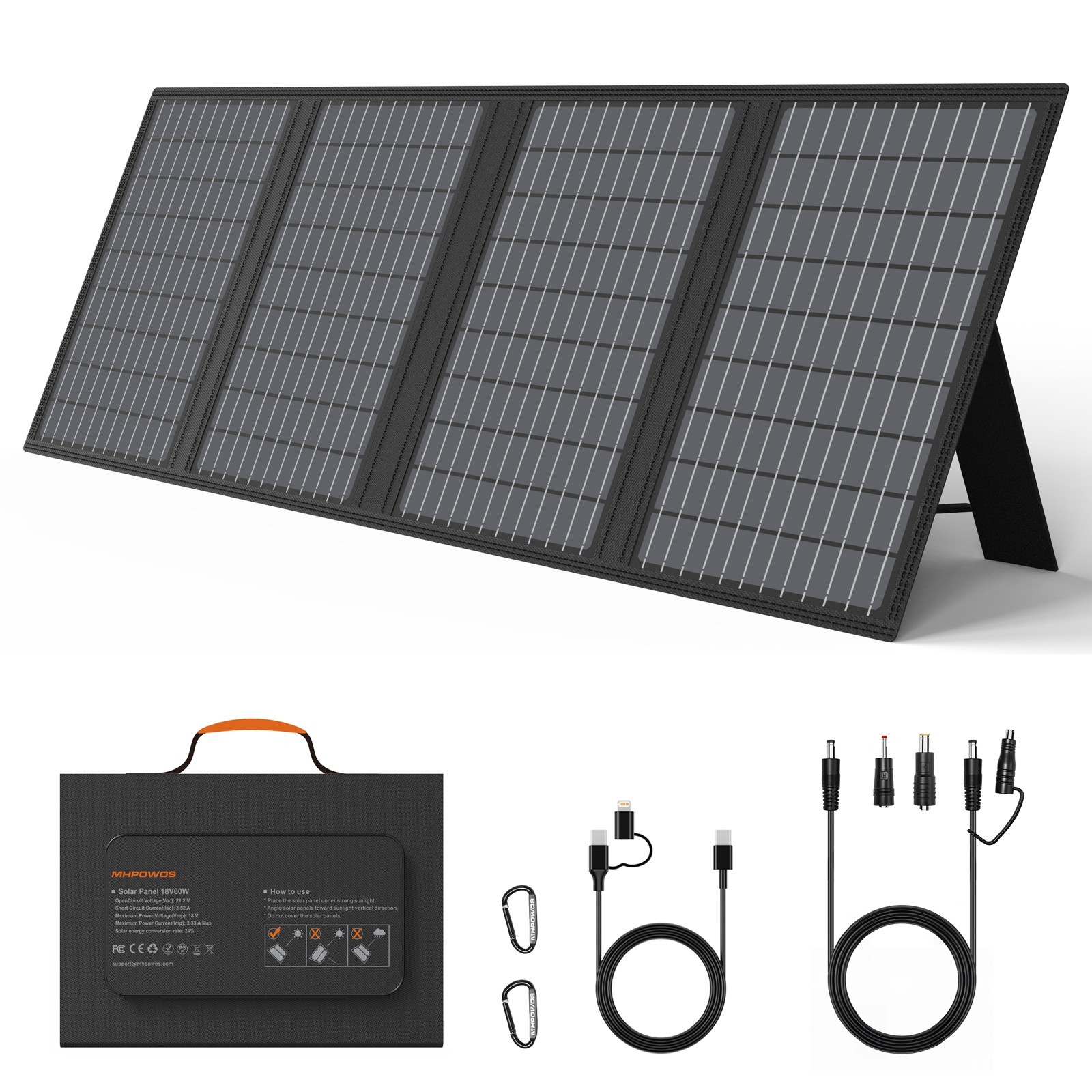 MHPOWOS 60W Portable Solar Charger High Efficiency QC3.0 PD3.0 PPS Fast Charger