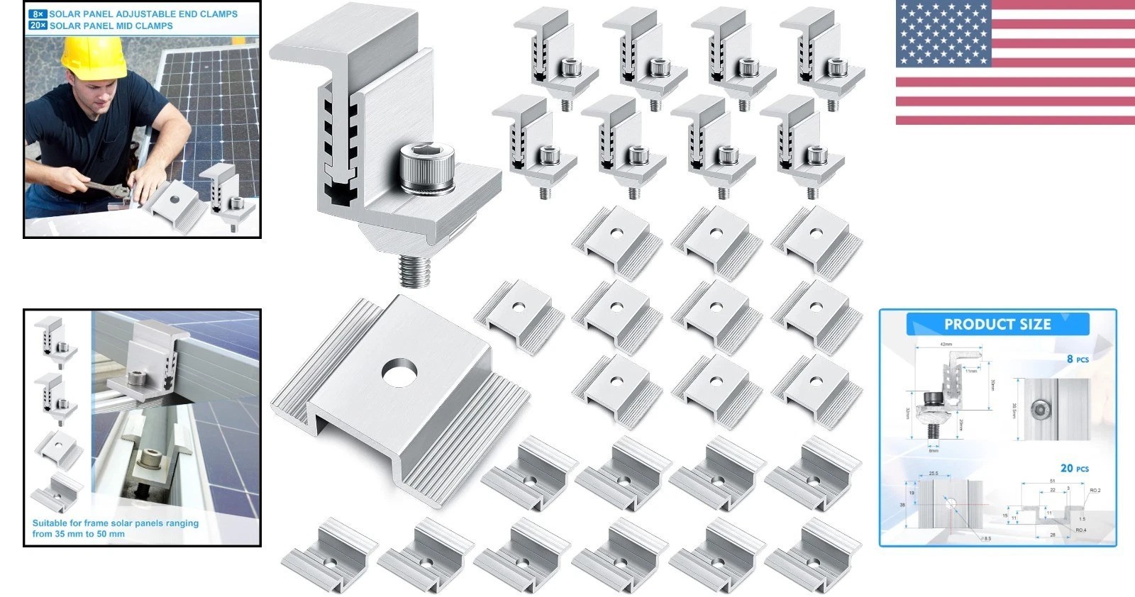 28-Piece Aluminum Solar Panel Clamp Set with Adjustable Mounting Brackets