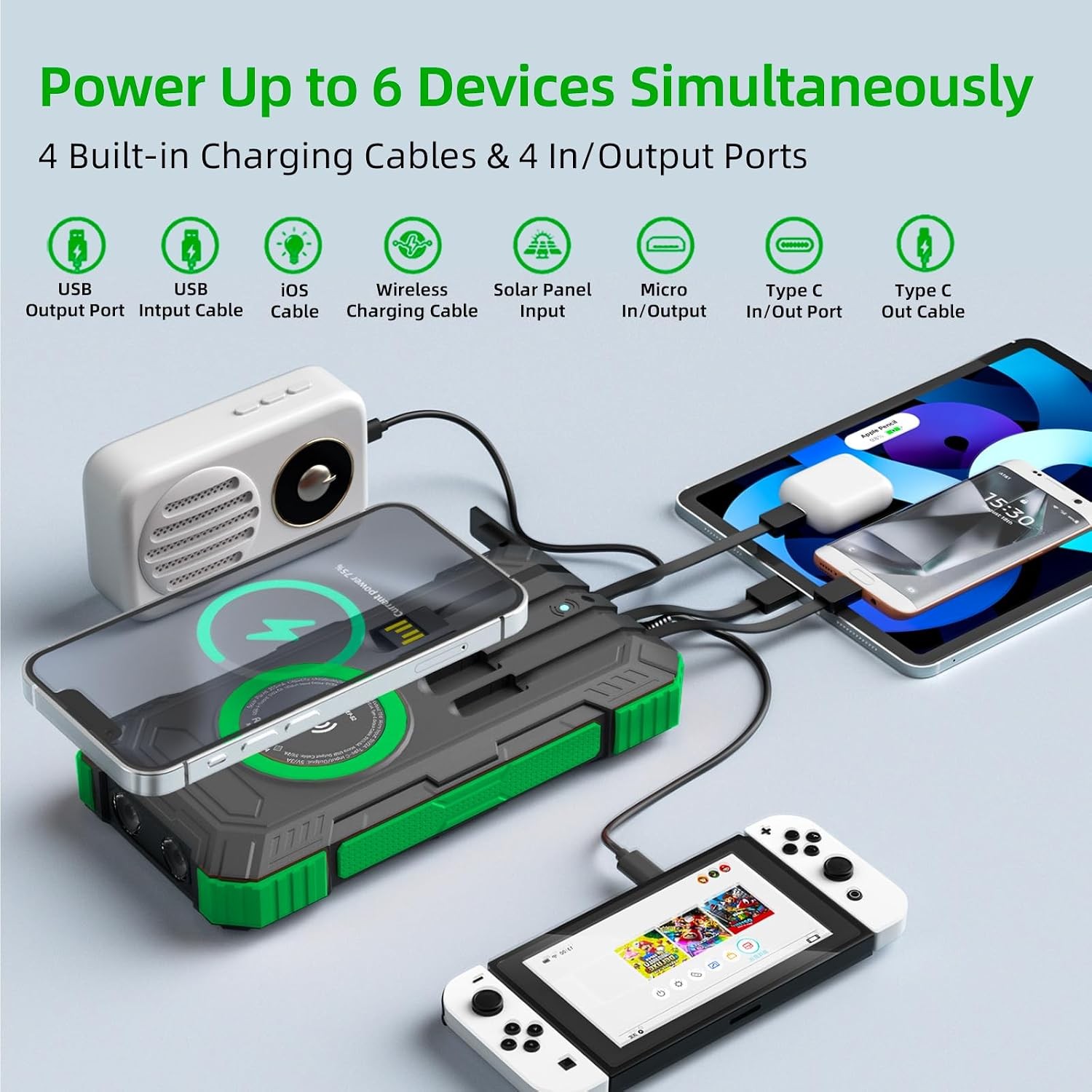 Solar Power Bank 49800mAh, Wireless Portable Charger, 22.5W QC3.0 Fast Charging