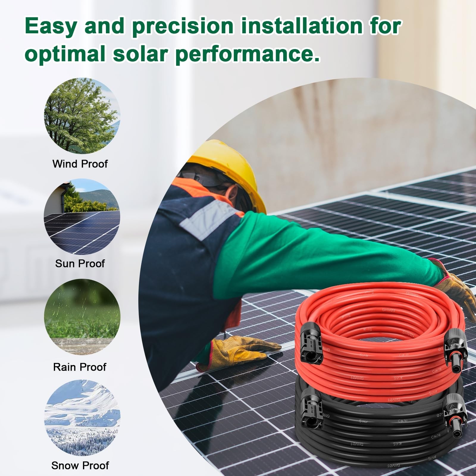 50FT 10AWG Solar Panel Extension Cable, Waterproof Connectors for RV, Home, Boat