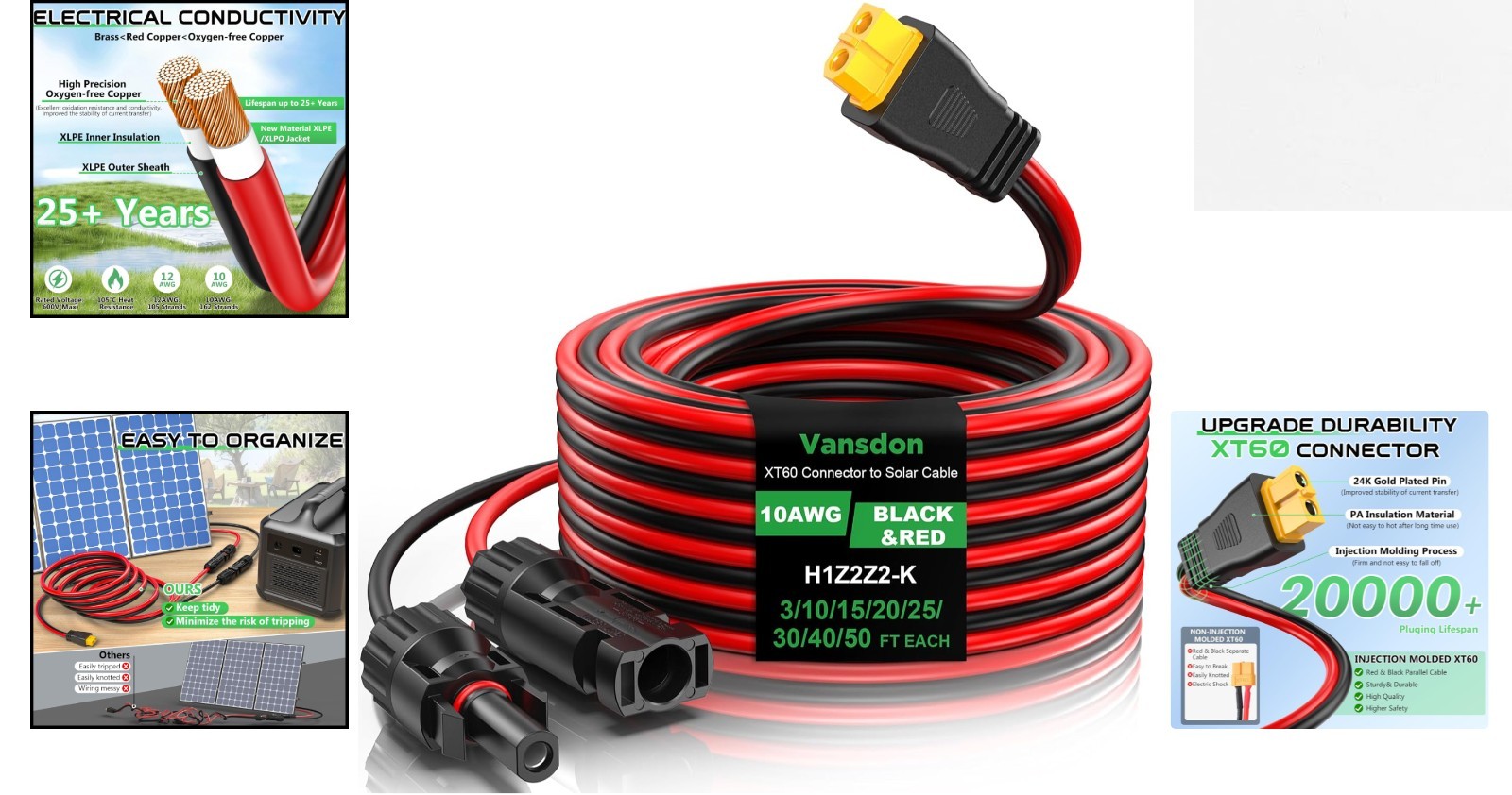 High-Quality 10AWG XT60 Solar Cable – 600V, 25FT for Efficient Power Transfer