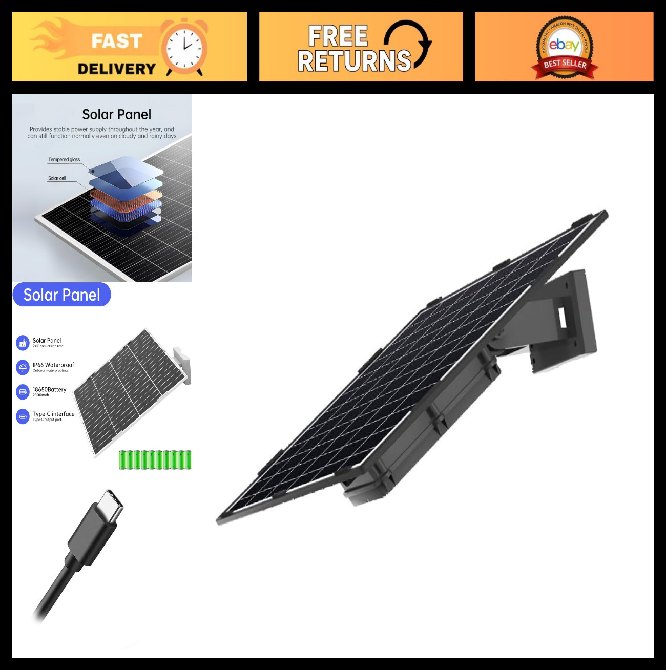 20W Solar Panel with 26000mAh Battery, USB-C Output, Waterproof Charger for Came