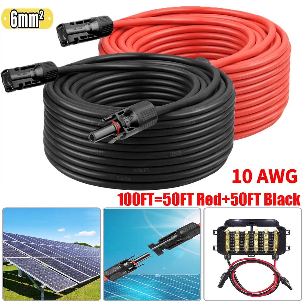 100FT 10 AWG Solar Panel Extension Cable PV Wire Solar Connectors Pair 6mm²