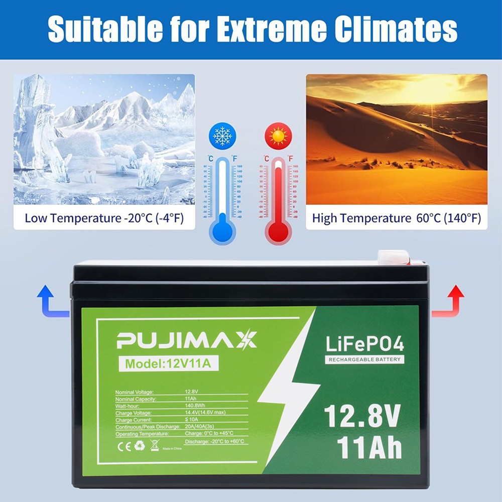 12V 11Ah LiFePO4 Lithium Battery Built-in BMS 5000+ Cycles For Solar Power RV