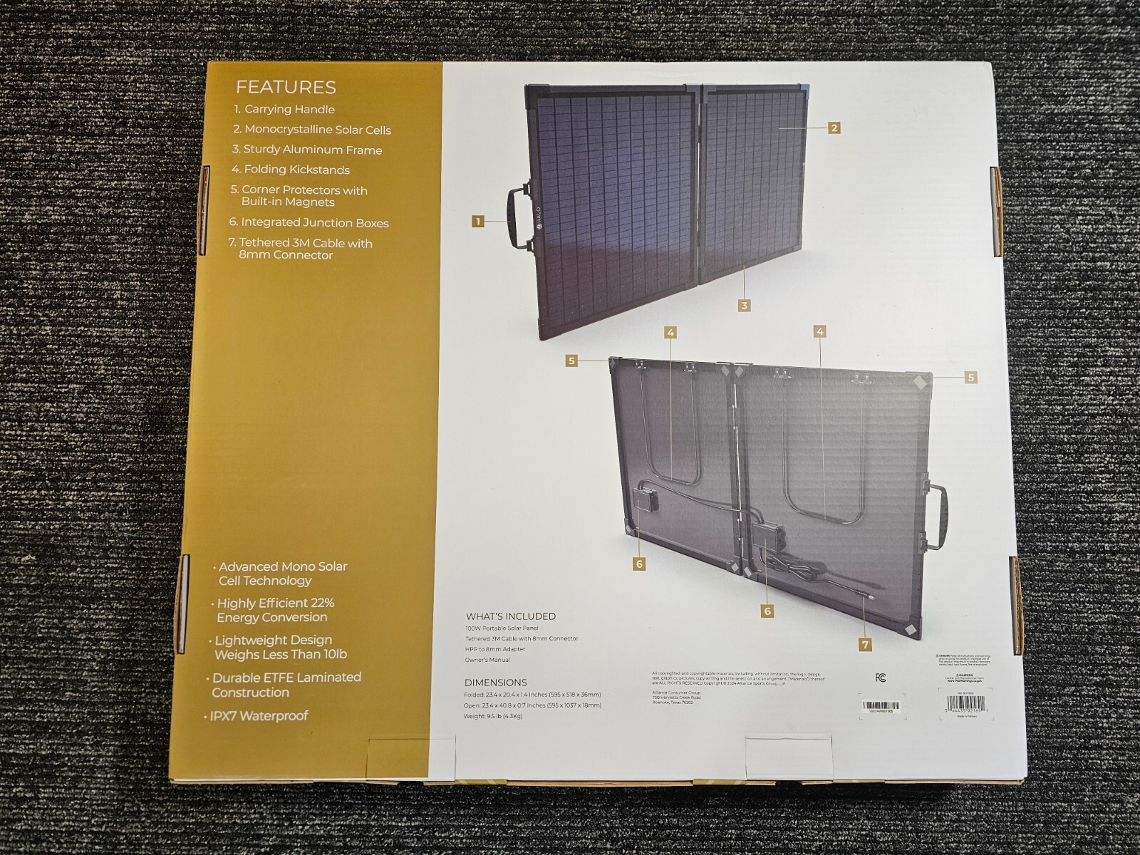 Halo HAL-SLP-0002 100W Portable Solar Panel with Folding Aluminum Frame