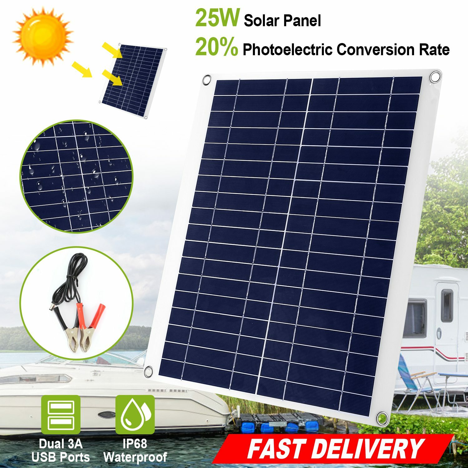 Waterproof Outdoor 12V 25W Solar Panel Kit For RV Car Boat Car Battery Charger