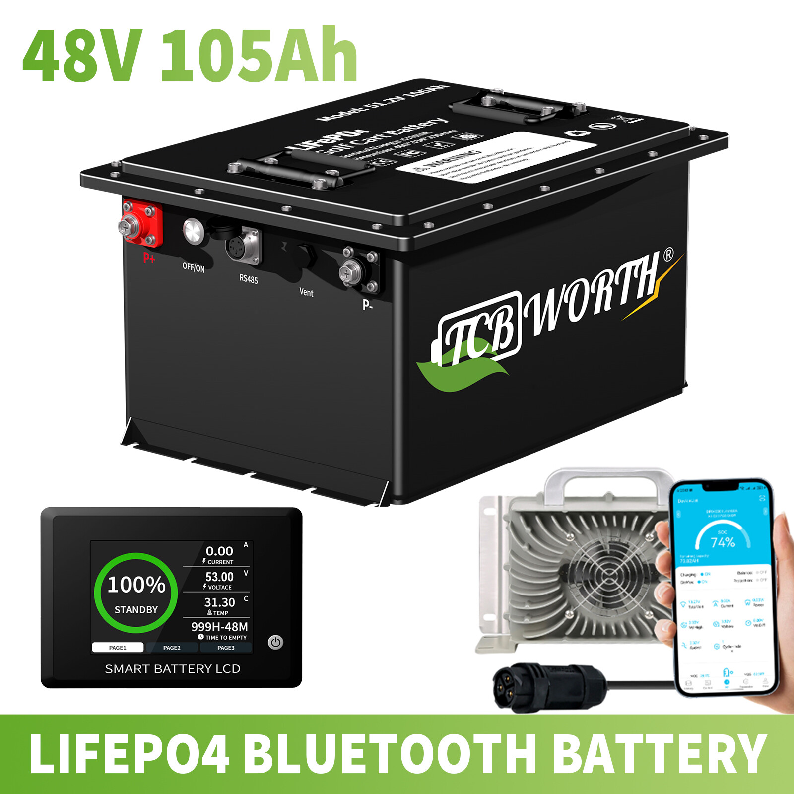48V 105Ah Golf Cart Lithium LiFePO4 Battery 10Year Life+20A Charger f/ EZGO Club