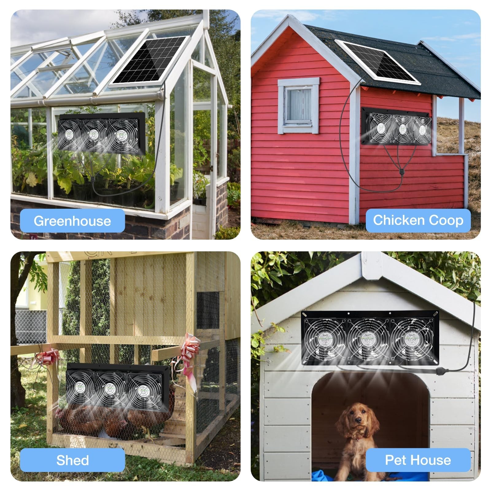 Solar Powered 3 Fan Kit – Waterproof Outdoor Fans for Chicken Coop, Greenhouse &
